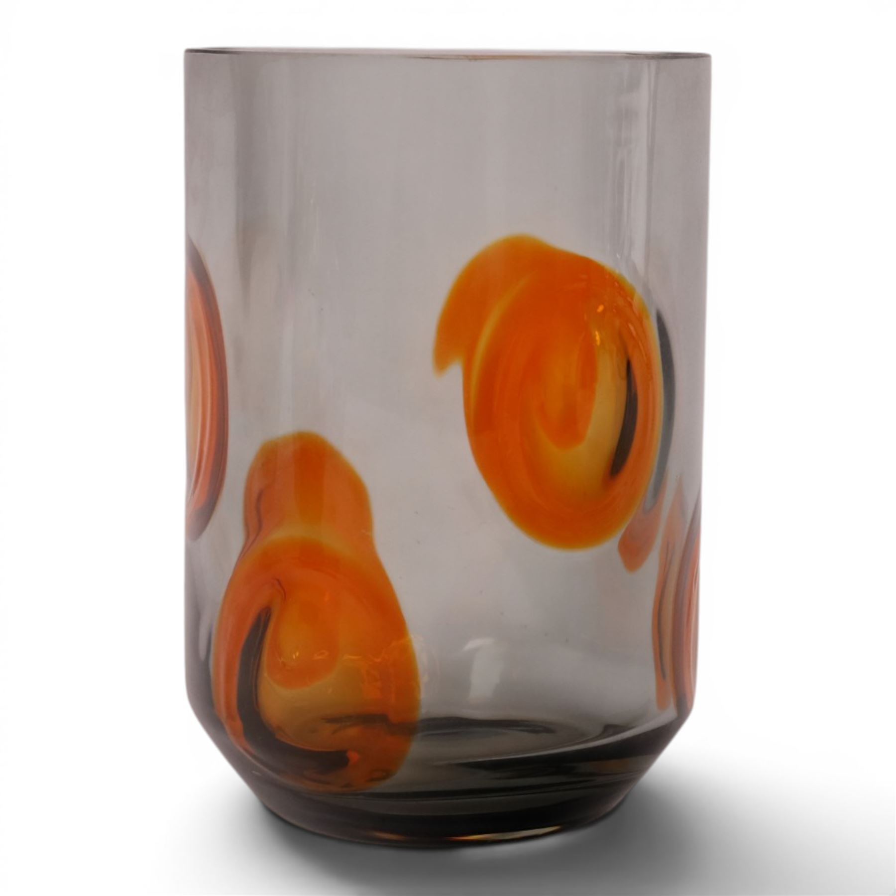 Whitefriars cylindrical vase in smoky brown with orange applied spots designed by Geoffrey Baxter, H19cm