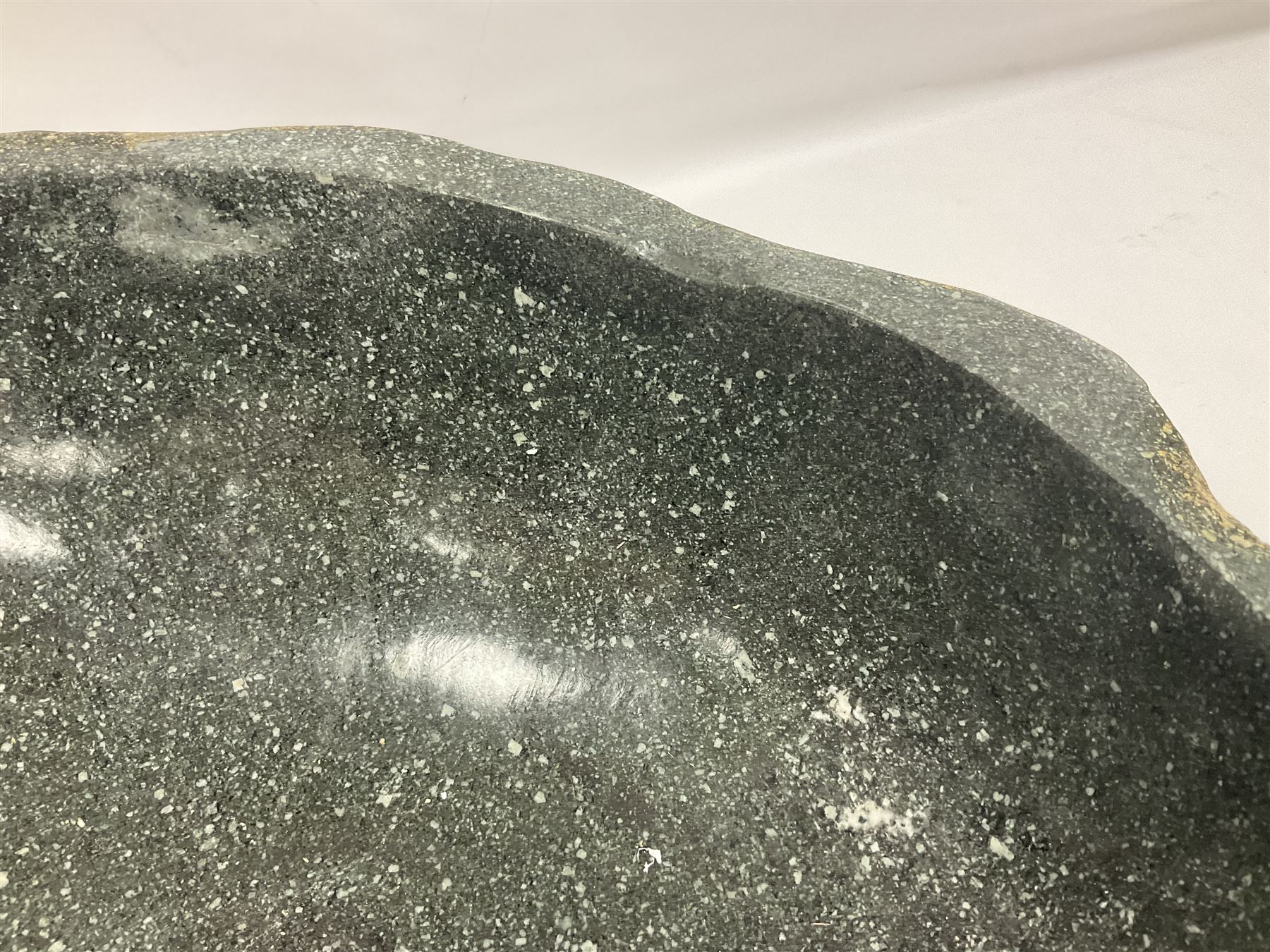 River rock carved stone bowl with polished centre, H16cm, W36cm, L47cm