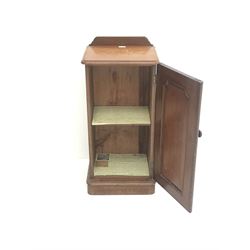 Victorian mahogany bedside chest, raised shaped back, single door, plinth base