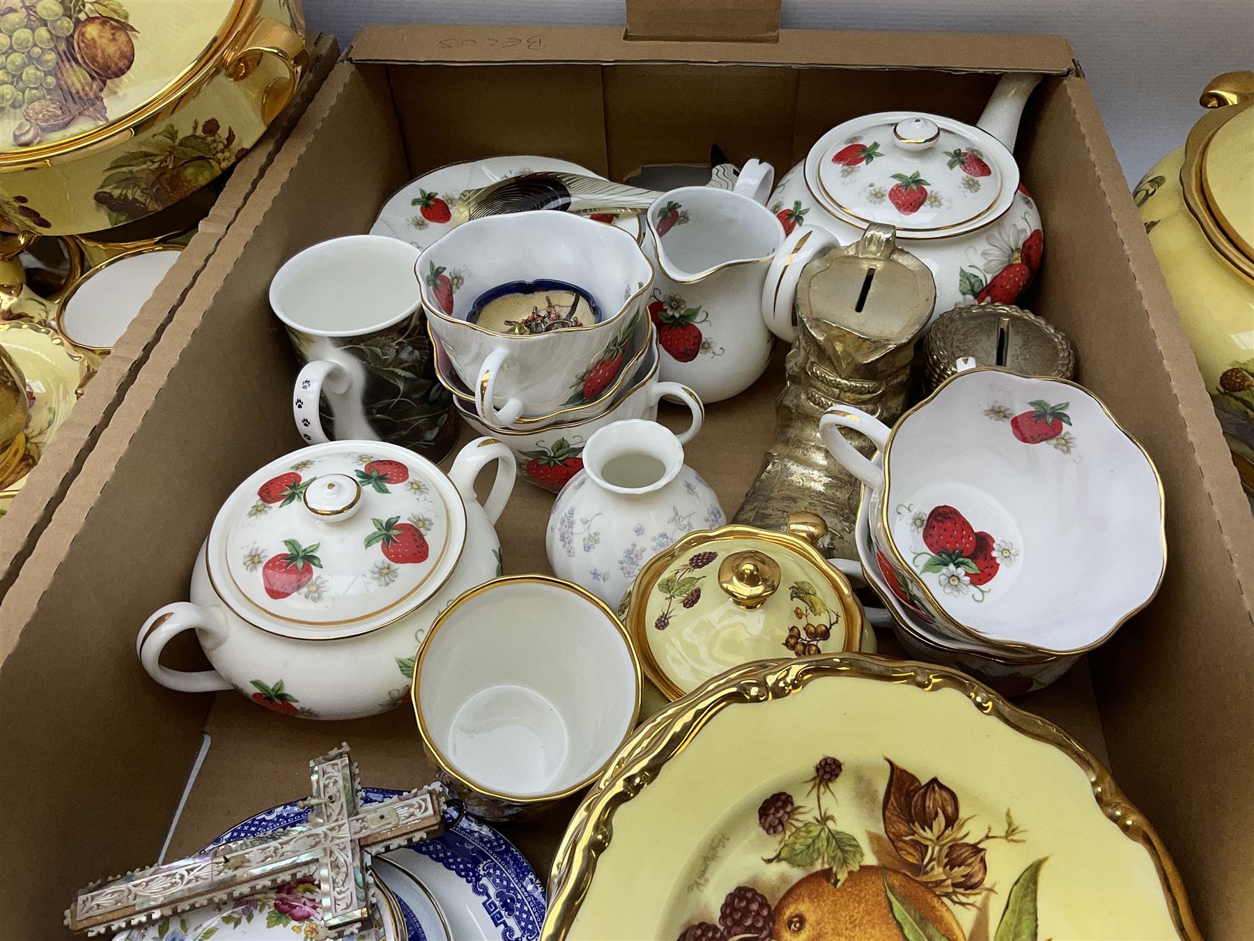 Canterbury tea and dinner service decorated with fruit on a yellow ground with gilt detail, together with Baroness tea service and other ceramics and collectables, in three boxes