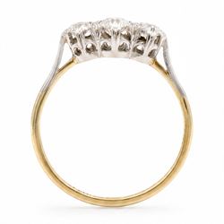 Gold three stone diamond ring, each multi claw set with an old cut diamond, stamped 18ct Plat, total diamond weight approx 0.65 carat