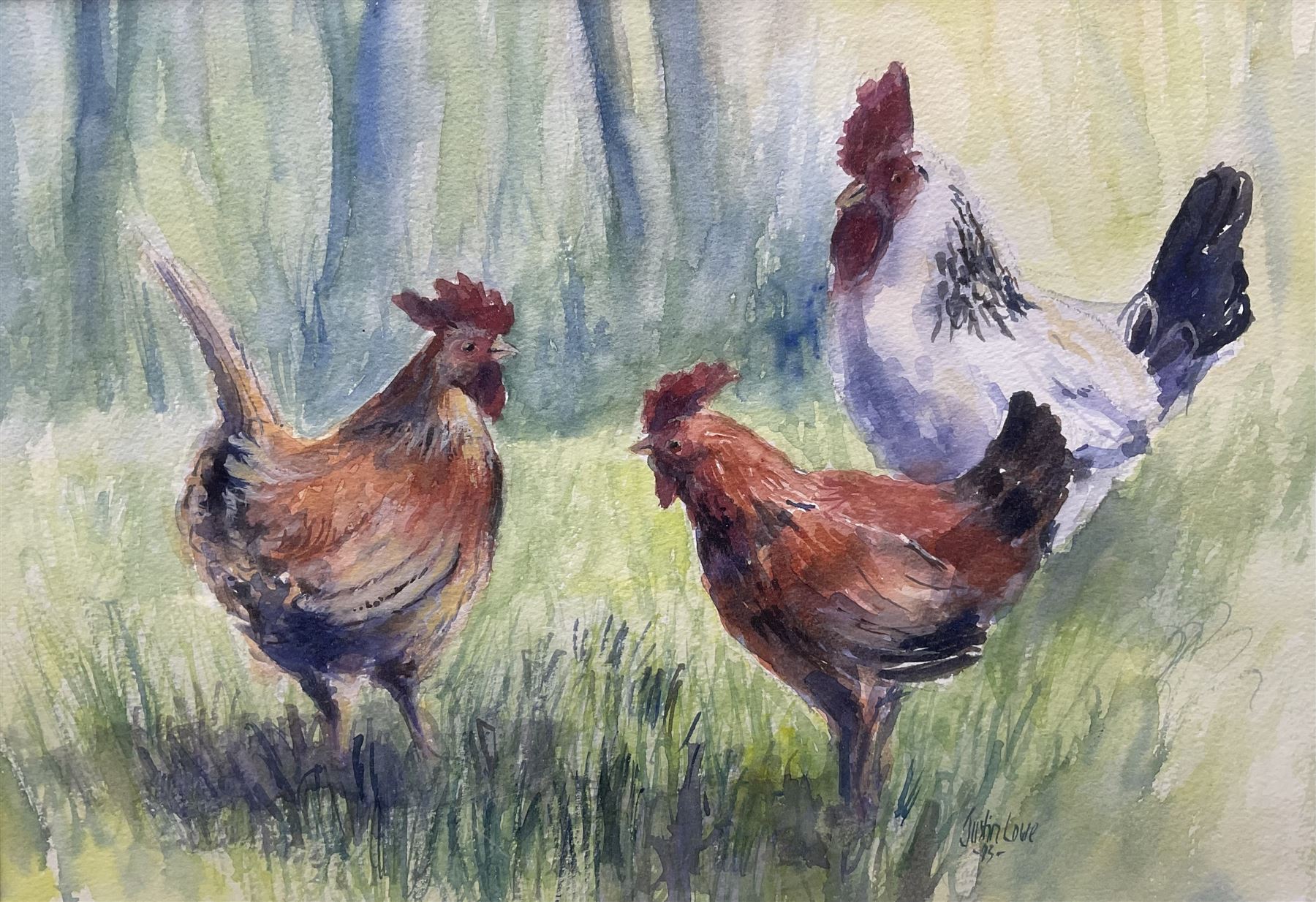 Justin Lowe (British Contemporary): Three Cockerels, watercolour signed and dated '95, 25cm x 37cm 