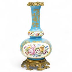 19th century French porcelain vase in the manner of Sevres, the reserves painted with birds within a landscape and floral bouquets, on a turquoise ground with gilt highlights, with ormolu style gilt metal collar and base, H26cm