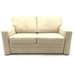 Two seat sofa bed upholstered in cream fabric, W155cm