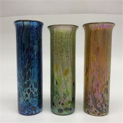 Three Isle of Wight vases of cylindrical form with fluted rim, decorated in Goldberry, Greenberry and Blueberry, each with original box H14cm