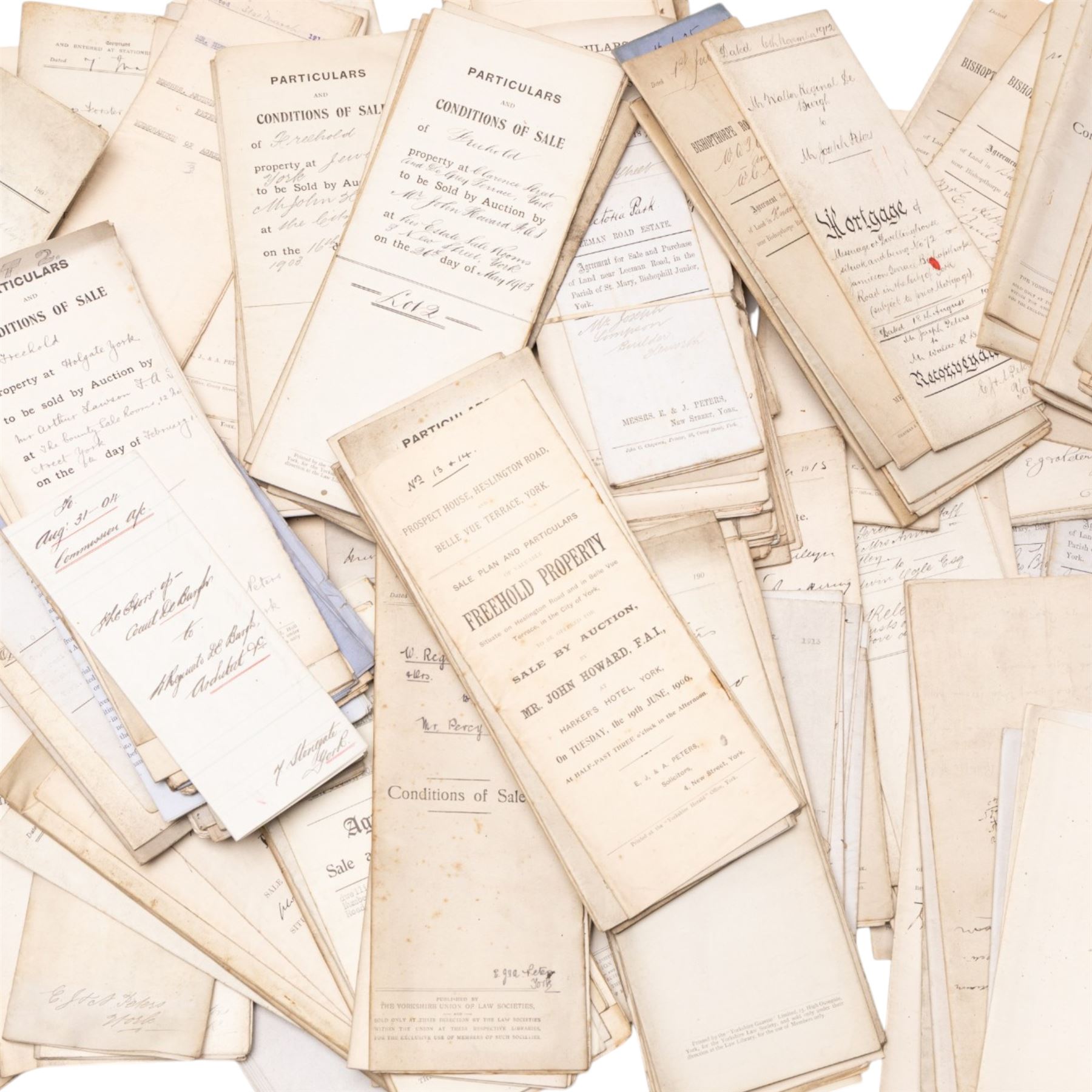 York and Yorkshire legal ephemera - large box of late 19th/early 20th century conveyancing documents, agreements, mortgages, conditions of sale and solicitor’s papers relating to York and surrounding area properties, including Acomb New Estate, Bishopthorpe, Huntington Road, Victoria Avenue, Swinerton Avenue and other addresses, many with York solicitor/printer details