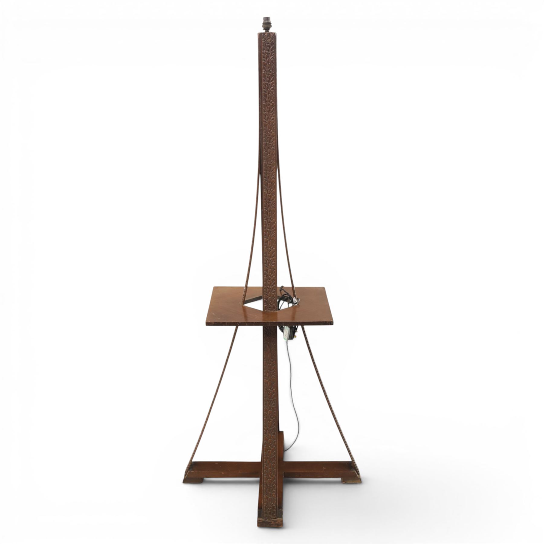 20th century stained wooden standing lamp, four foliate carved splayed supports, with square table platform, united by cruciform stretcher base, H158cm