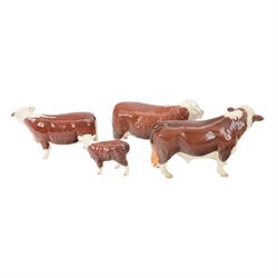 Beswick Hereford cows family group, comprising Bull, Ch. of Champions 1363, Hereford cow Ch of Champion 1360, and calf 1827, together with another Hereford Bull