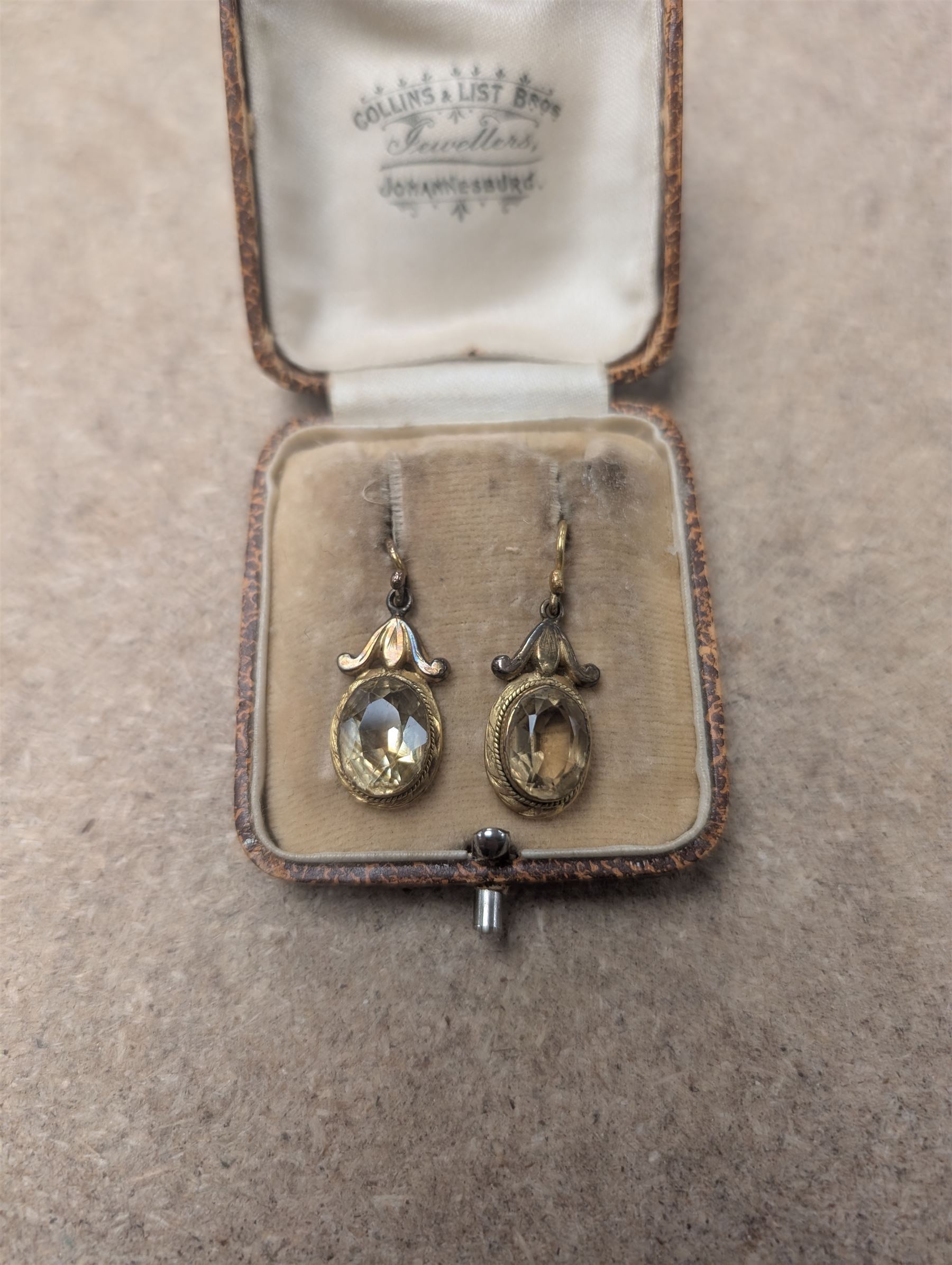 Pair of 15ct gold quartz pendant earrings, stamped 15ct, boxed 