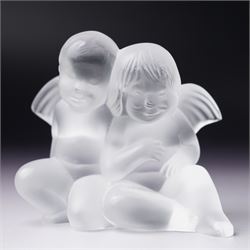  Lalique frosted glass figure of two cherubs  H8cm and another of two doves H4cm, both marked 'Lalique, France' (2)