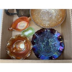 Quantity of carnival glass, silver plate and other metalware, Bowler hat by W.H.Co, wall mounted mirror and brush set, pewter and other carved treen etc in two boxes