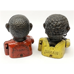 Two 20th century cast iron Jolly money banks, modelled as a male and female figure with mechanical arm, tallest H16cm. 