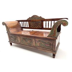 Eastern style carved hardwood bench, decorated with birds and foliage scrolls