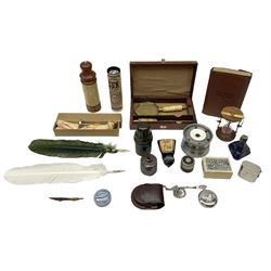 Collection of various ink wells, ink quills, wooden cased magnifying glass and letter opener and other collectables  