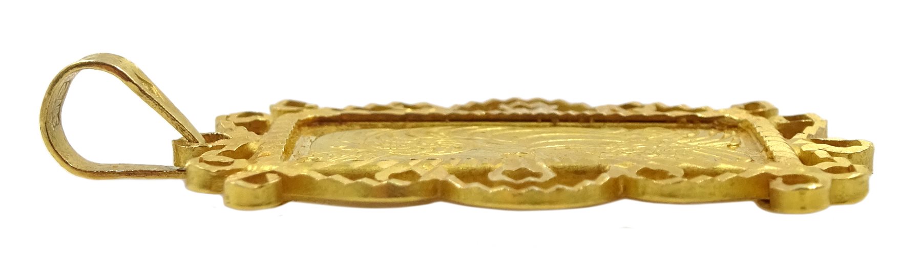 Suisse 5g Fine gold 999.9 Lady Fortuna ingot, loose mounted in 22ct gold open work pendant