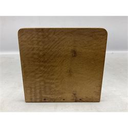 'Rabbitman' oak letter rack of two graduated square panels on a slab base, with carved with rabbit signature, by Peter Heap of Wetwang, H12cm