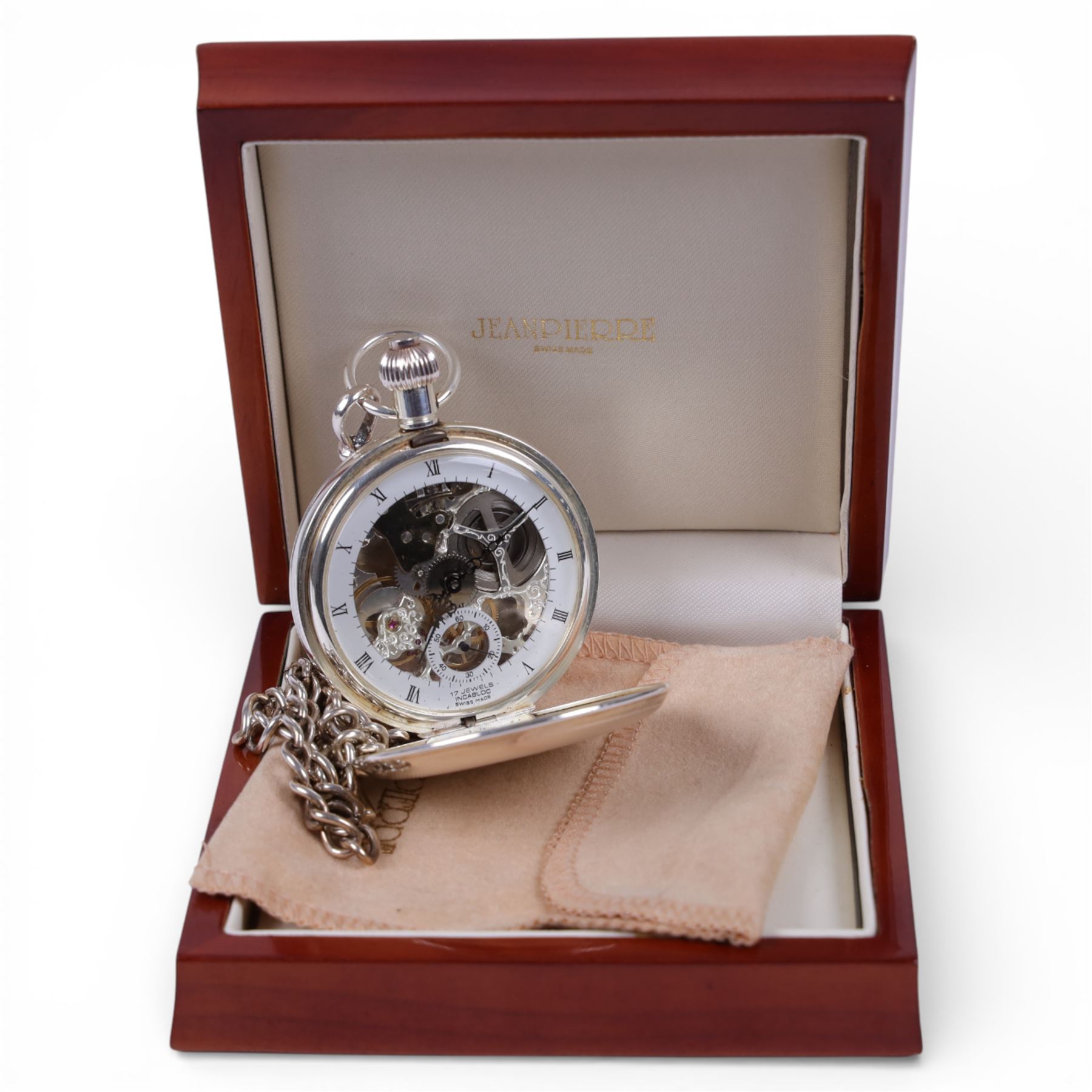 Silver cased Jean Pierre pocket watch with visible escapement, boxed