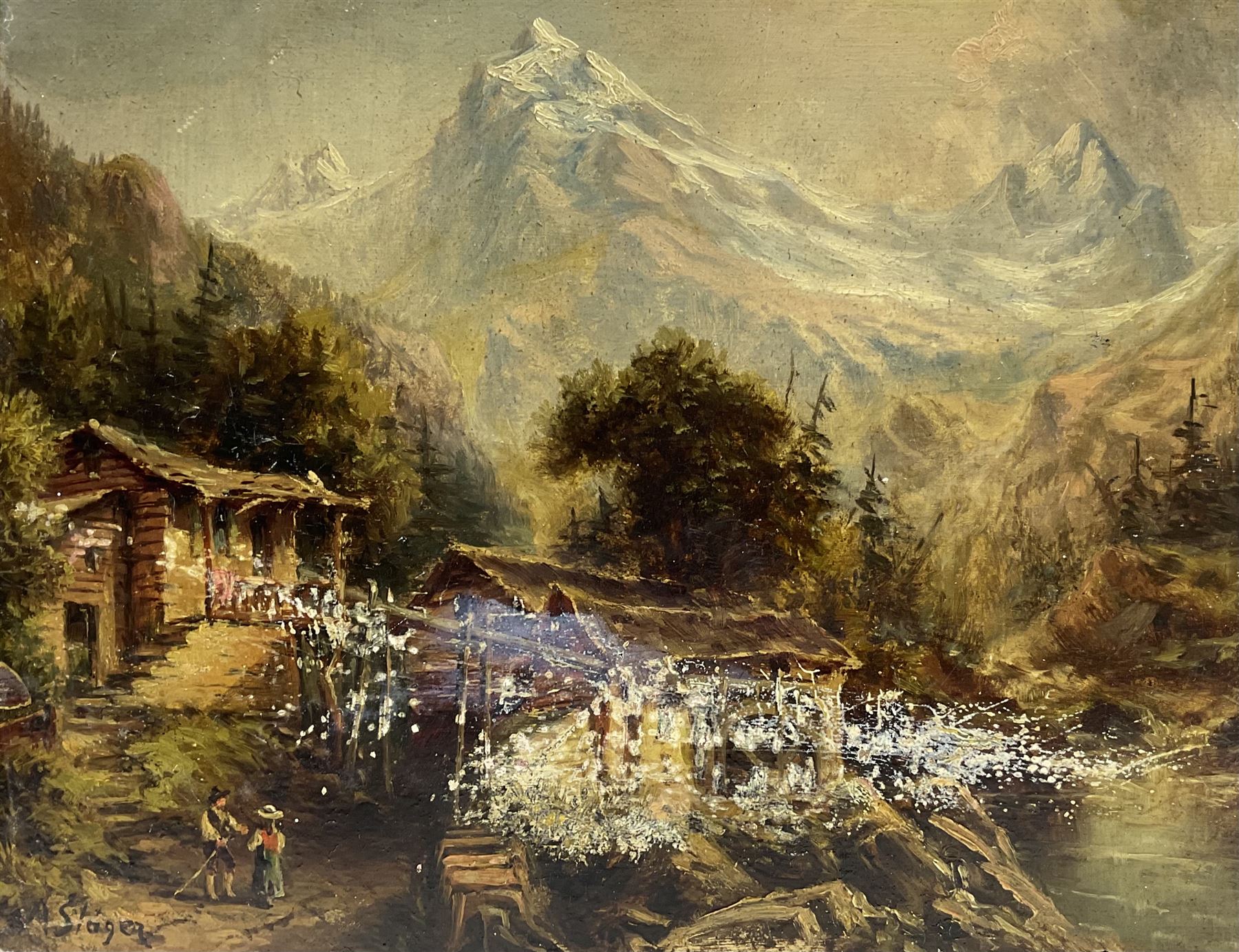 A Slager (Continental  19th century): Alpine Lake and Mountain scenes, pair oils on mahogany panel signed 18cm x 23cm (2)