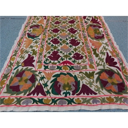  Suzani Uzbek embroidered wall hanging decorated with stylized flowers and foliage, L150cm x W97cm    