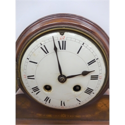  Edwardian inlaid mahogany mantel clock, drum head case with convex white Roman dial, twin train movement striking the half hours on a coil, presentation plaque for 1908 and brass ball feet, H23cm  