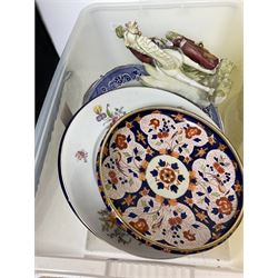 Victorian meat plates, Royal Dux style figure, together with Wedgwood and Ringtons collectors plates and other collectables, in three boxes  