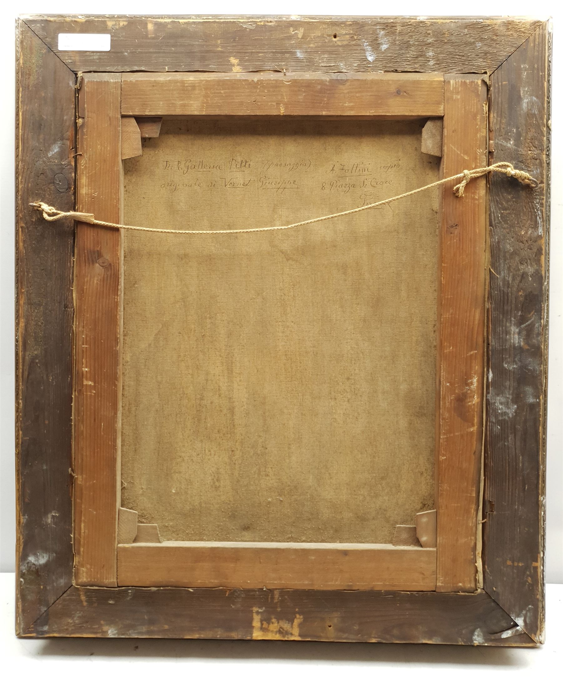 A Follini (Italian 19th century) after Vernet Giuseppe: Landscape (Paesaggio) copied from the original in the Galleria Pitti Firenze, oil on canvas, inscribed verso with artist's address 8 Piazza Santa Croce Firenze 50cm x 40cm