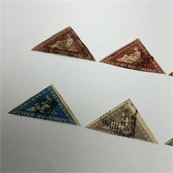 Six used Cape of Good Hope imperf triangle stamps, three one penny, fourpence, sixpence and one shilling