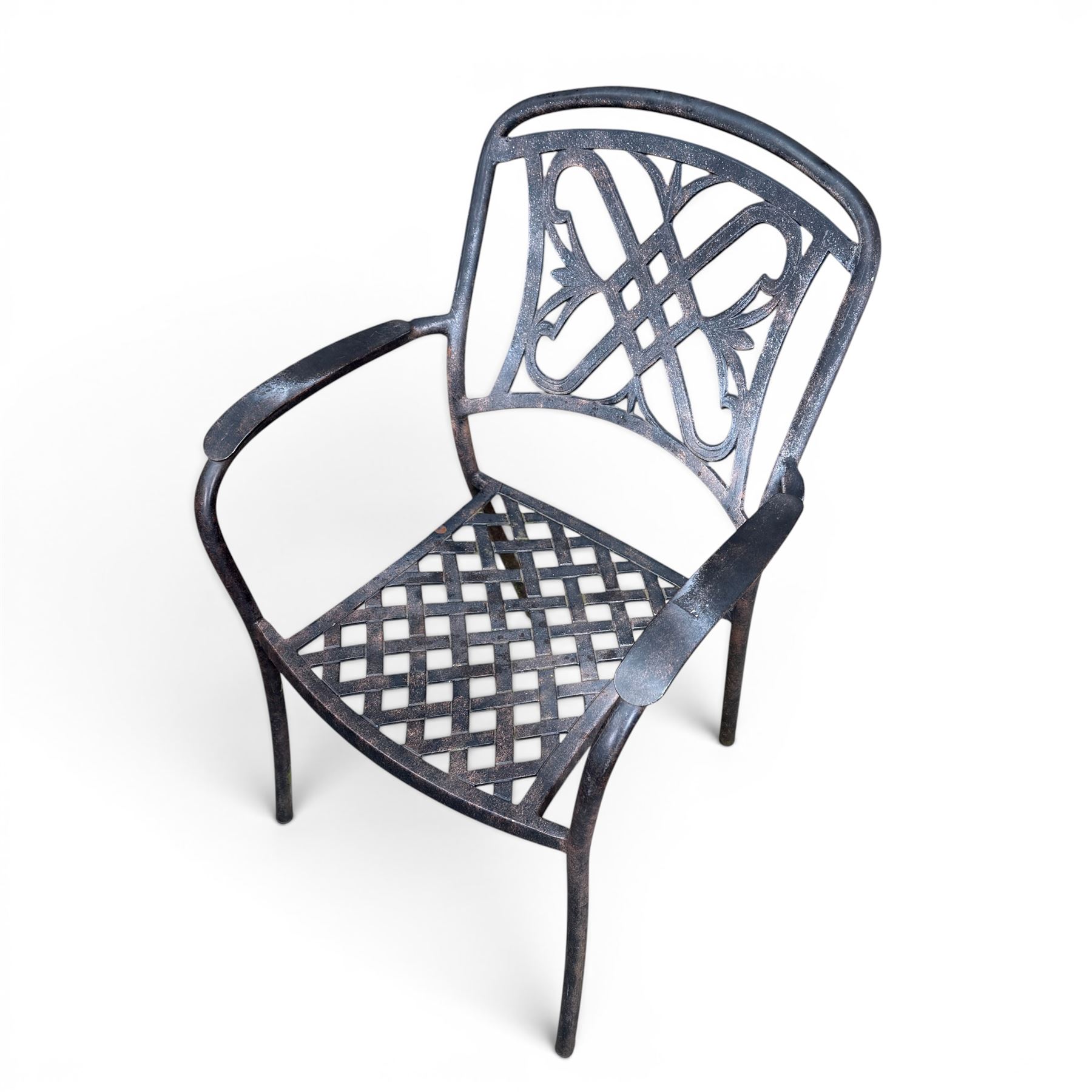LeisureGrow - cast aluminium circular garden table, lattice design top, black finish; and six matching chairs with openwork back, complete with seat cushions and adjustable parasol