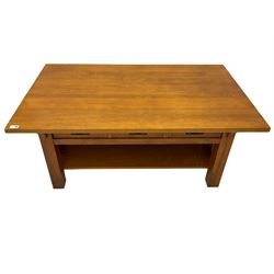 Light oak rectangular coffee table, with under-tier, two slide-through drawers