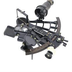 WWII Nazi German Kriegsmarine sextant by C. Plath, Hamburg, marked with impressed manufacturer’s logo, name and location, index arm stamped with Nazi eagle and swastika over Runic M, 2302, in original transit case with examine certificate by Deutsche Seewarte to the lid