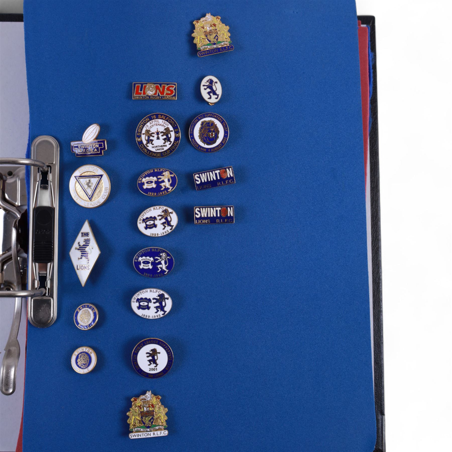 Rugby league enamel badge collection, from Swinton Lions, Wakefield Trinity, Warrington Wolves, Whitehaven, Widnes Vikings, Wigan Warriors, Workington Town and York City Knights, including Wigan Wembley and Cup Winners examples, housed in two folders, (approximately 300)