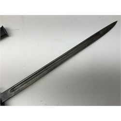 British Enfield 1907 model SMLE bayonet, with 43cm fullered steel blade and metal mounted leather scabbard L58cm overall; and Schmidt-Rubin Model 1918 bayonet the 30cm steel blade marked Elsener Schwyz No.579722; in steel scabbard with leather frog marked G. Bertolini Sellaio Vira/G.Tic 79 L45cm overall (2)