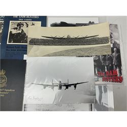 Dambusters 617 Squadron memorabilia - three signed photographs of Lancaster aircraft in flight, group photograph, copy of Vickers-Armstongs letter and drawing from Barnes Wallis, The History of 617 Squadron by Sqn. Ldr. S.J. Hillier, facsimile sets of signatures, FDCs, sheet music, Richard Todd signed photograph and greeting card, etc