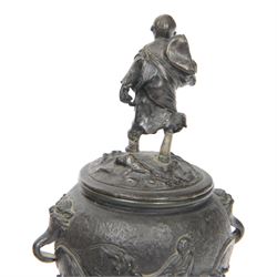 Pair of Japanese bronze koro, raised upon three feet, he body of the koro decorated with figures and animals, the cover mounted with figures, H24cm