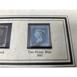 Queen Victoria 1840 penny black stamp, red MX cancel and 1841 two penny blue white lines added, with Westminster information sheet