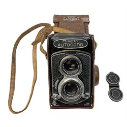 Minolta Autocord camera,serial no. 192659, 'View- Rokkor 1:32 f=75mm no.1986165' lens and 'Chiyoko Rokkor 1:3.5 f=75mm lens no.1400117' in brown leather case
