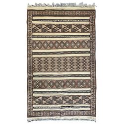 Turkish Kilim ground rug, the field with alternating horizontal bands of geometric patterns, bordered by repeating diamond motifs (145cm x 242cm); Turkish red ground rug, the field with three octagonal medallions (113cm x 172cm) (2)