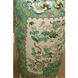  Pair of large 20th century Canton polychrome floor vases, cylindrical bodies decorated with exotic birds amidst foliage in reserve panels on a green ground, flared neck, H122cm (2)  