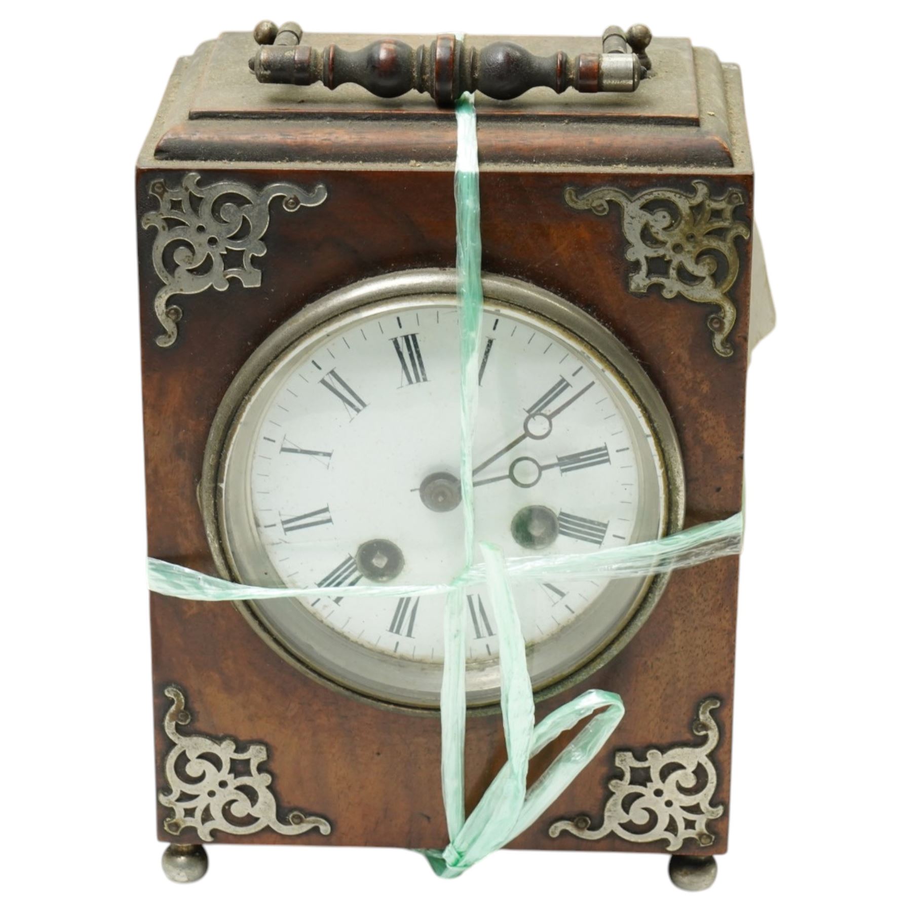 Mantel timepiece with French movement in plated case H16cm, another in mahogany case and two others (4) 