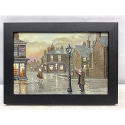 Steven Scholes (Northern British 1952-): 'Lamplighter at All Saint's -Manchester 1953', oil on canvas signed, titled verso 19cm x 29cm