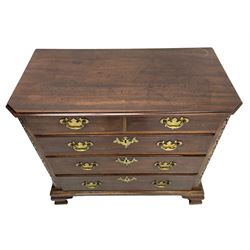 George III Chippendale design mahogany chest, moulded rectangular top with canted corners, wide canted uprights with blind fretwork decoration, two short and three long with moulded fronts, shaped brass handle plates, on ogee bracket feet 