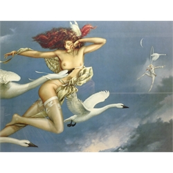 After Romano Stefanelli (Italian 1931-2016): Three Nudes, limited edition colour print no.102/1500 signed in pen with certificate of authenticity verso; After Michael Parkes (American 1944-): 'Night Flight', colour print, and After Vitcheslav Plotnikov: 'Le Boudior', colour print, max 56cm x 73cm (3)