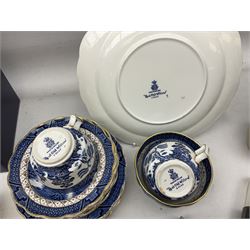 Booths Old Willow pattern plates, teacups and saucers, together with Stuart Crystal bowl with frog lid, small barometer and other collectables
