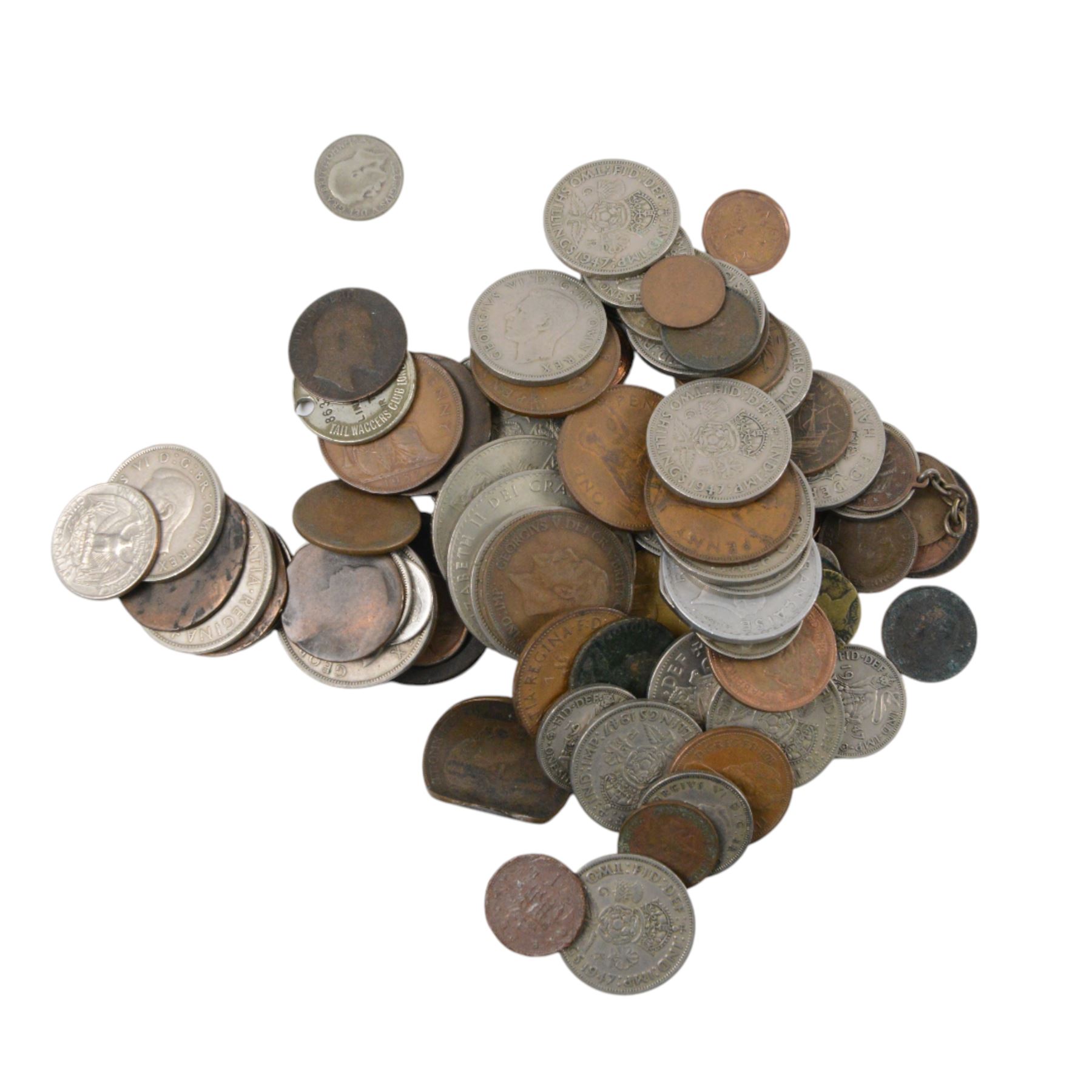 Approximately 166 grams of Great British pre-1947 silver coins, together with approximately 4.8kg of post-1947 sixpences, commemorative crowns, and further coins