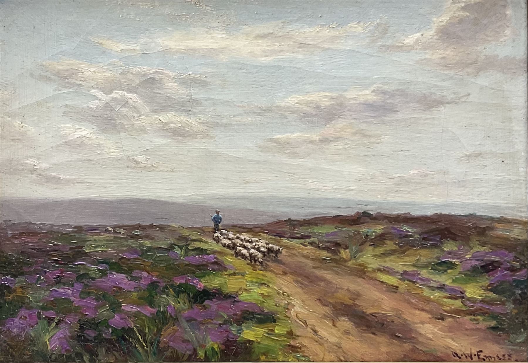 Augustus William Enness (British 1876-1948): Henrietta Street East Cliff Whitby and Driving Sheep on a North Yorks Moorland Track, pair oils on canvas one signed the other signed with initials 24cm x 34cm (2)