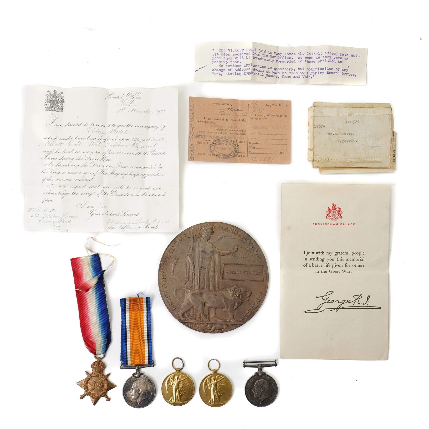  World War I trio to 12074 Pte A Coates,  West Yorkshire Regt comprising War medal, Victory medal, 1914-15 Star and bronze death plaque, killed in action Gallipoli 9th August 1915 and War and Victory medals to 27860 Pte W Coates, West Yorkshire Regt and various documents etc