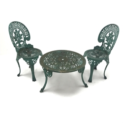 Pair classical painted aluminium garden chairs (W40cm) and low table (D69cm, H40cm)