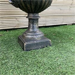 Pair of Victorian design ornate cast iron garden urn, bronze finish, egg and dart border, twin handled column, pedestal base H63, D48 - THIS LOT IS TO BE COLLECTED BY APPOINTMENT FROM DUGGLEBY STORAGE, GREAT HILL, EASTFIELD, SCARBOROUGH, YO11 3TX