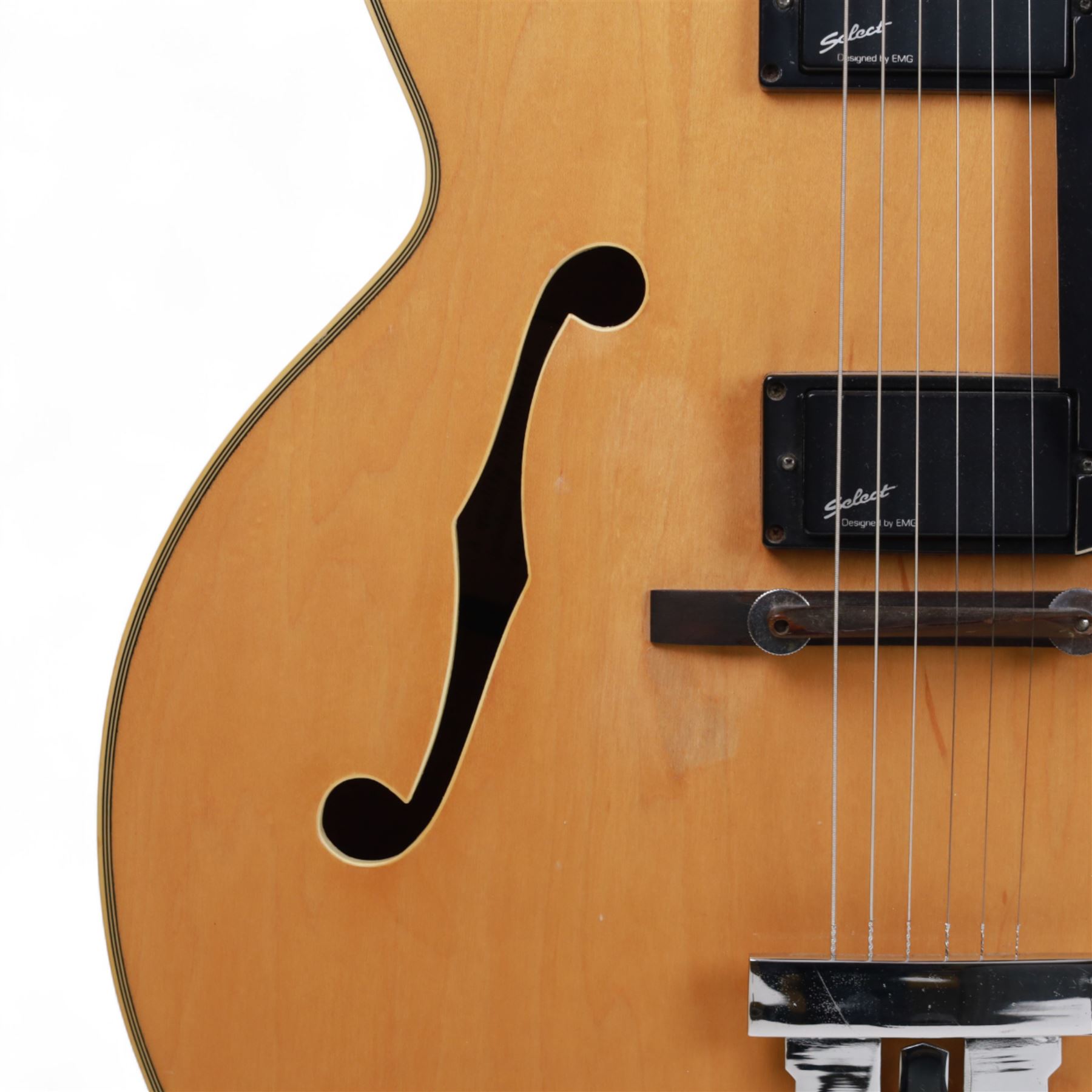 1980s Korean Antoria Jazzstar hollow body electric guitar, in blonde finish with inlaid fretboard, model no E G794, L109cm