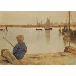 Richard Ellis Wilkinson (British 1854-1891): Boy Fishing 'St Ives Cornwall', watercolour signed, inscribed and titled on original mount verso 19cm x 27cm